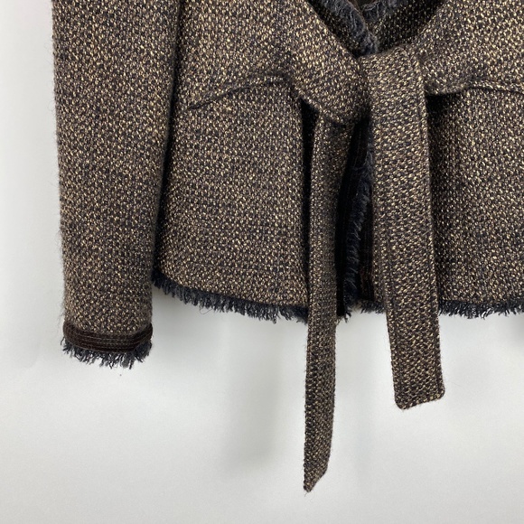 GERARD DAREL Tweed Fringe Tie Belted Blazer 36 Jacket Career Preppy Brown - Picture 6 of 8